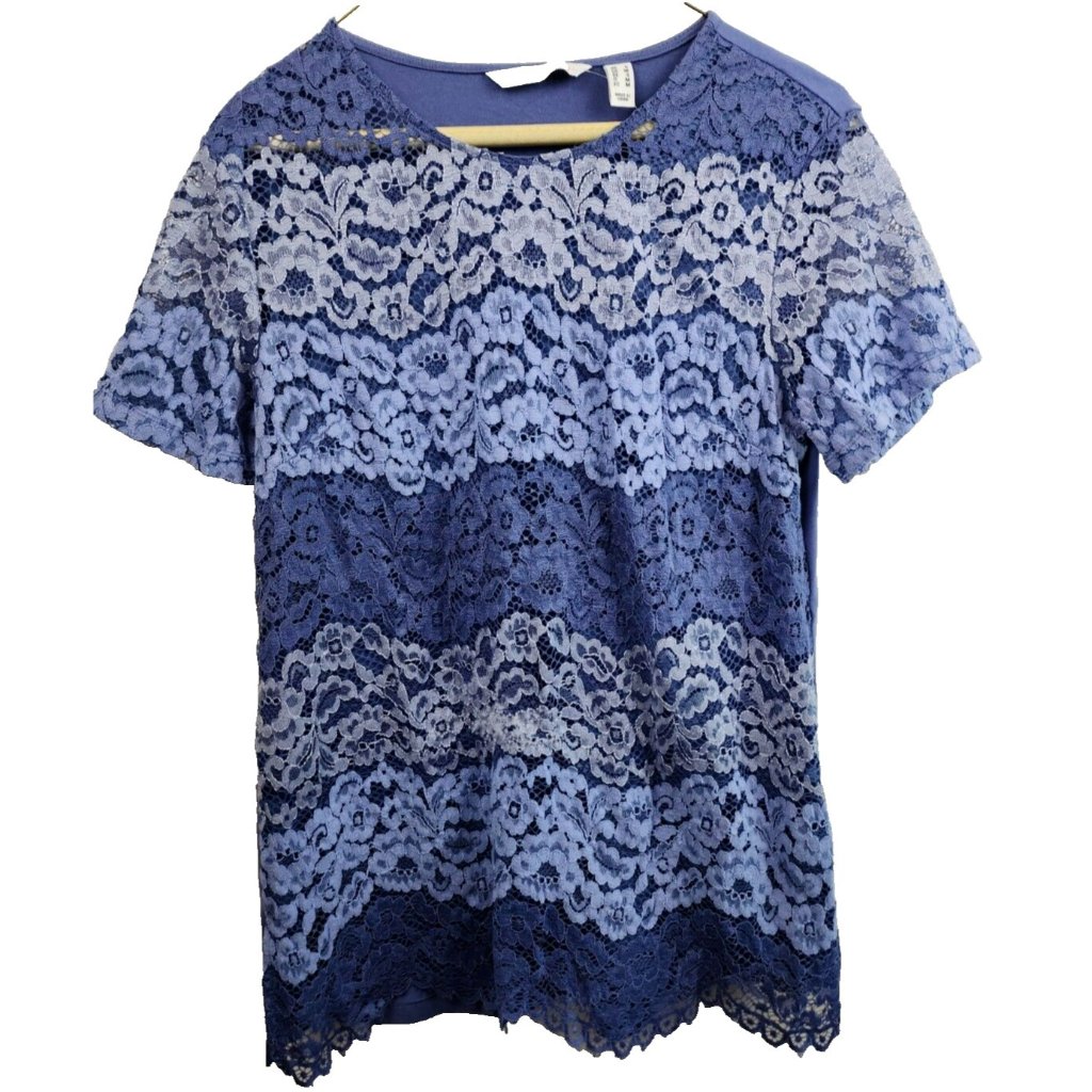 Isaac Mizrahi Live Womens Top Small Blue Lace Sheer Yoke Sort Sleeve Romantic